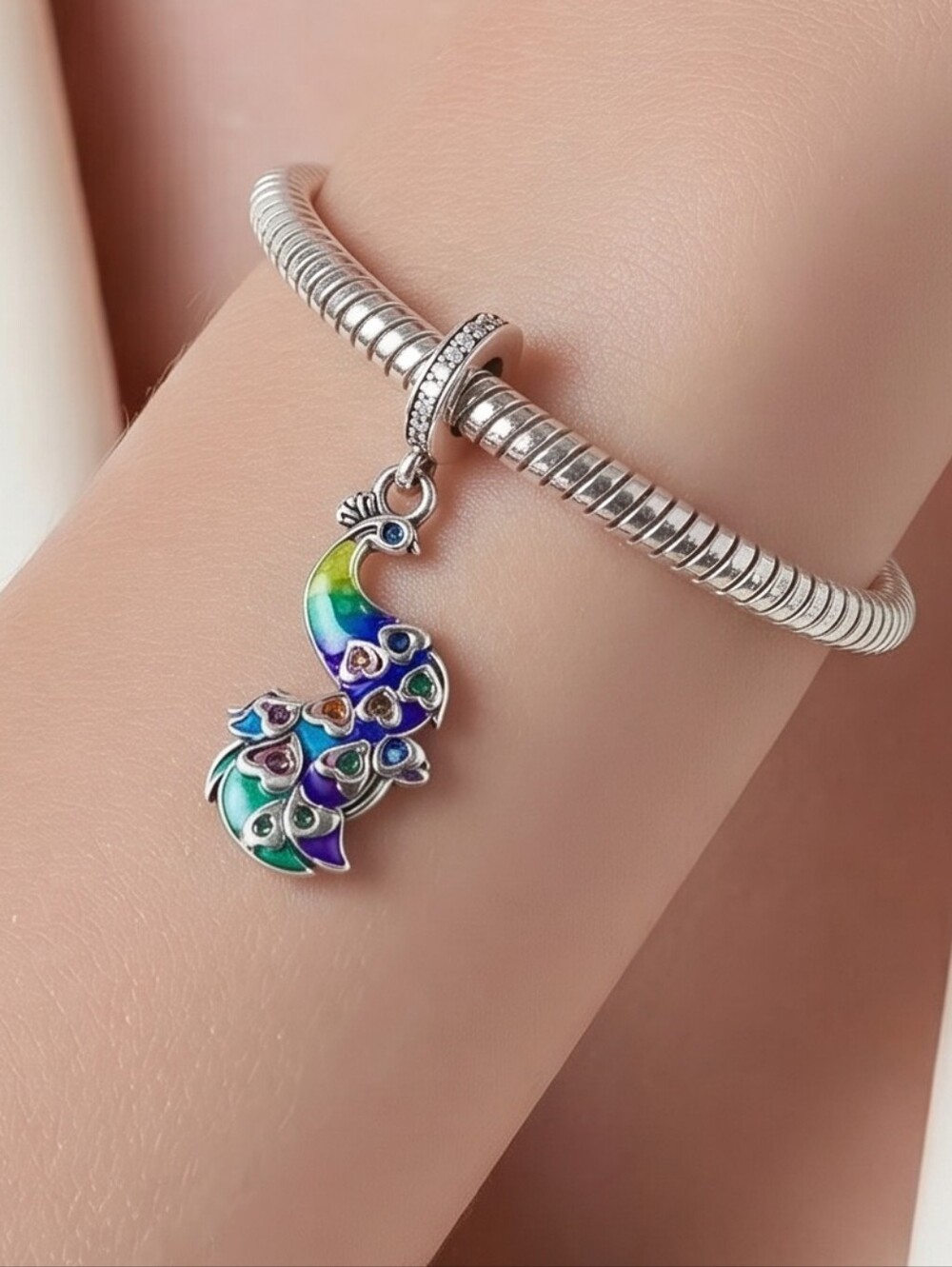Peacock Charm Bracelet Charms Rhinestone Feather Dangle New Colorful Gorgeous